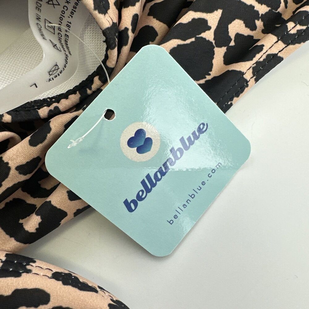 Bellanblue Swimsuit Plunging V Front Wrap Ties Leopard Print Peach Hi Cut Large - Picture 7 of 12